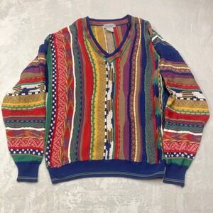 Vintage Tosani Sweater Mens L Multicolor 3D Knit V-Neck 90s Coogi Style Cotton